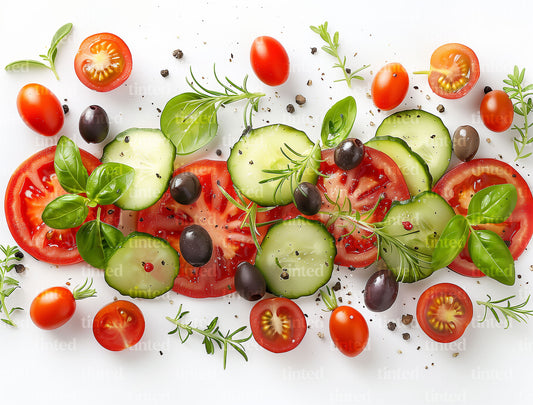 Fresh Mediterranean Salad Ingredients – Tomato, Cucumber, Basil and Olives Flat Lay - f1ed9e14ad41
