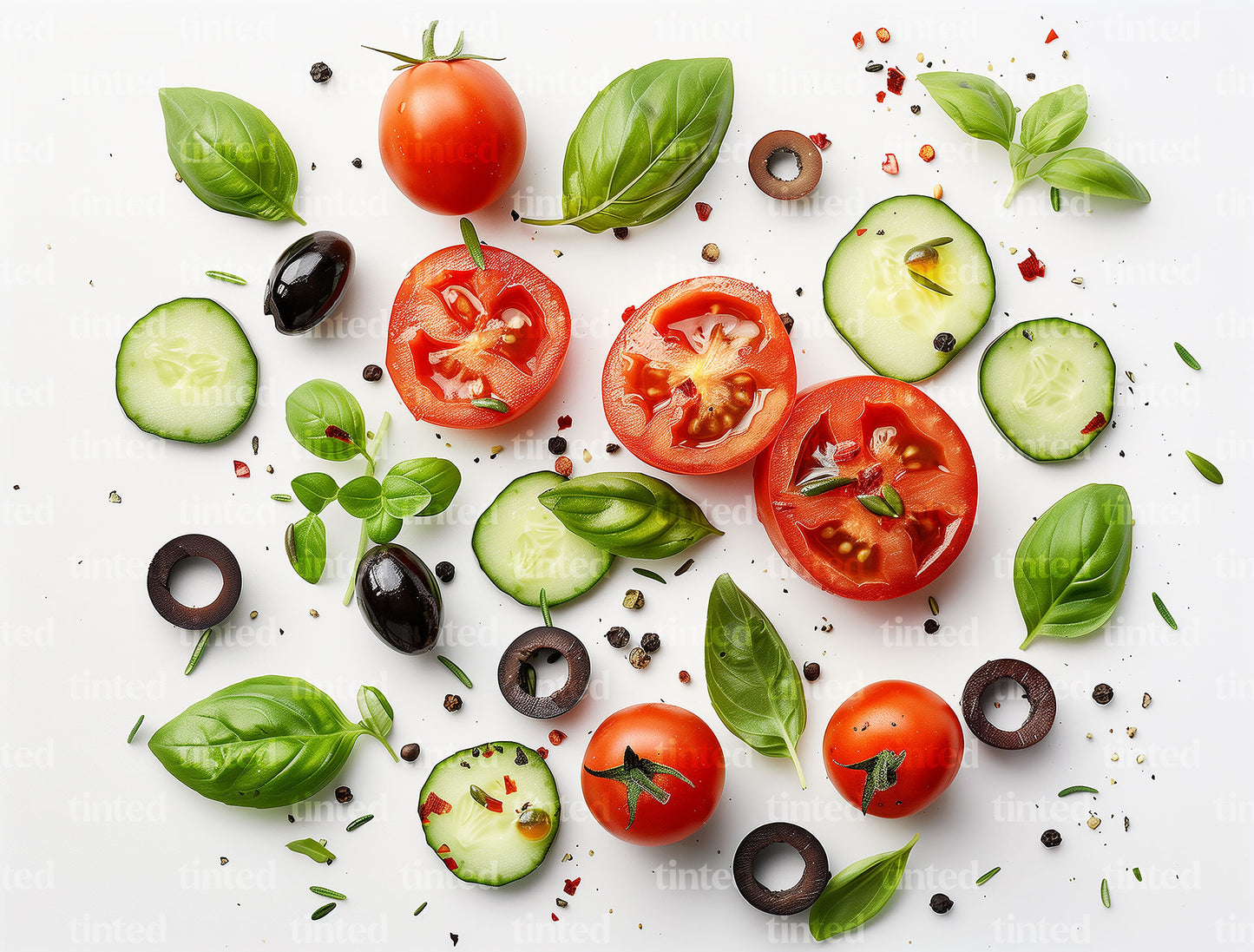Fresh Mediterranean Salad Ingredients Flat Lay – Tomatoes, Cucumbers, Basil and Olives on White Background