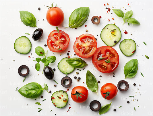 Fresh Mediterranean Salad Ingredients Flat Lay – Tomatoes, Cucumbers, Basil and Olives on White Background