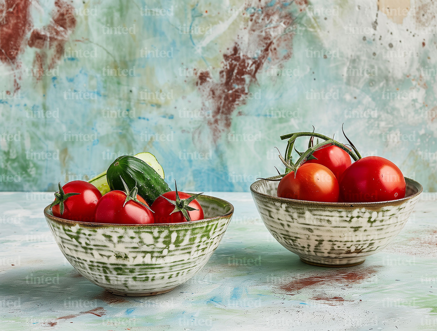 tinted-two-bowls-of-cucumbers-and-tomatoes-on-different-surface-7683028b1a50